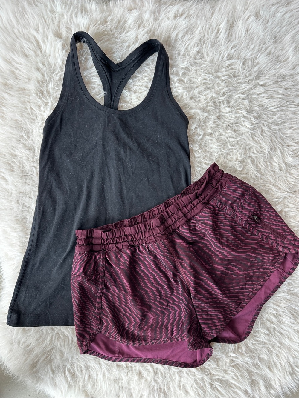 Lululemon Black Racerback Tank with Maroon Patterned Athletic Shorts Set